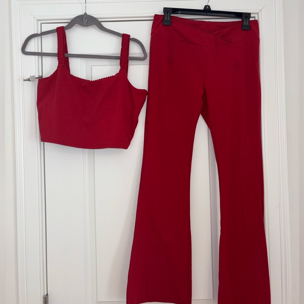 Red Crop Tank and Flared Leggings Set